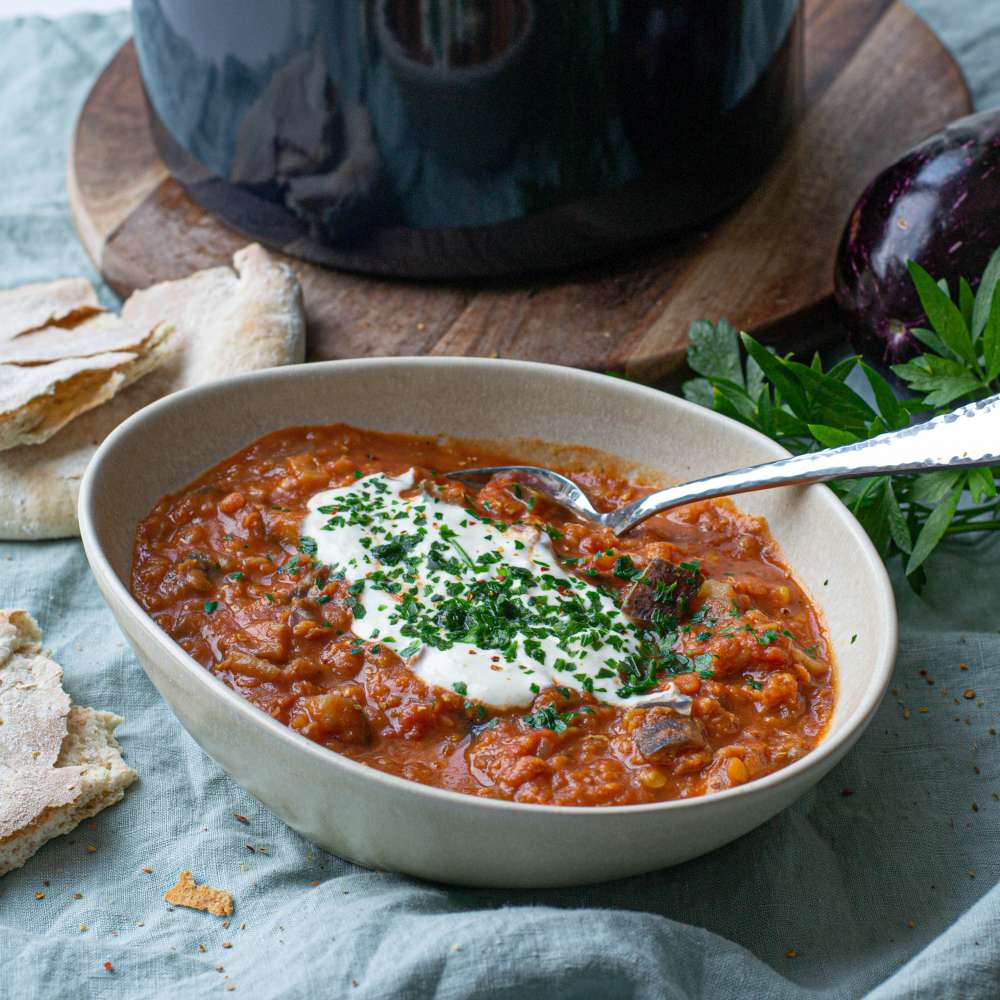 Auberginen Linsen Eintopf mit Melanzani (vegan)