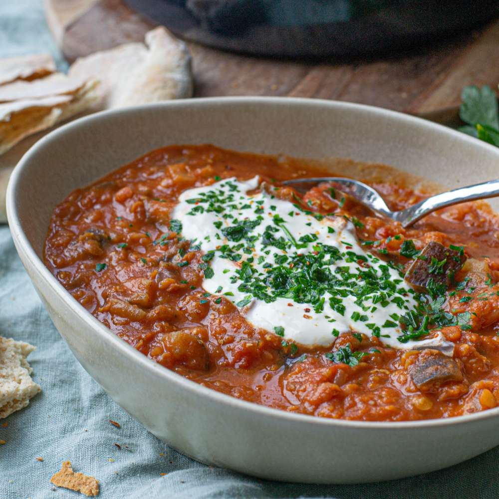 Auberginen Linsen Eintopf mit Melanzani (vegan)