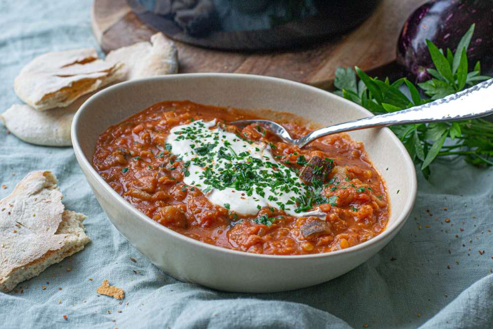 Auberginen (Melanzani) Linsen Eintopf - cremig, einfach vorzubereiten und sogar vegan